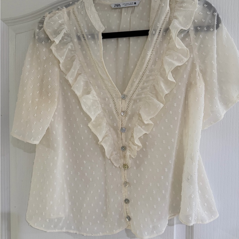 Zara Ivory Sheer Ruffled Blouse
